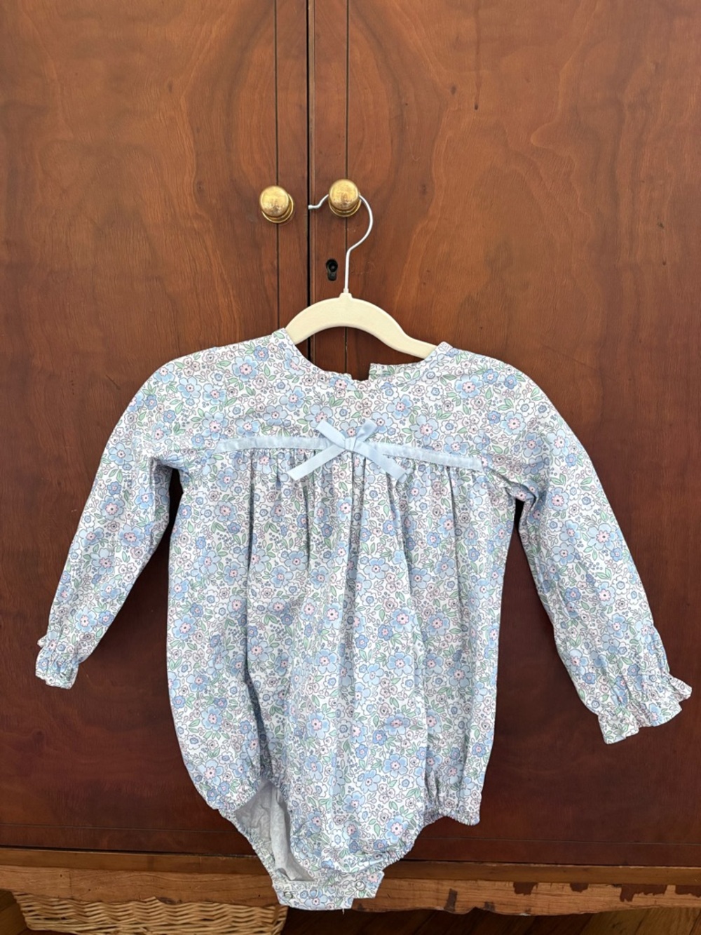 Pastel Floral Long-Sleeve Bubble Romper with Bow